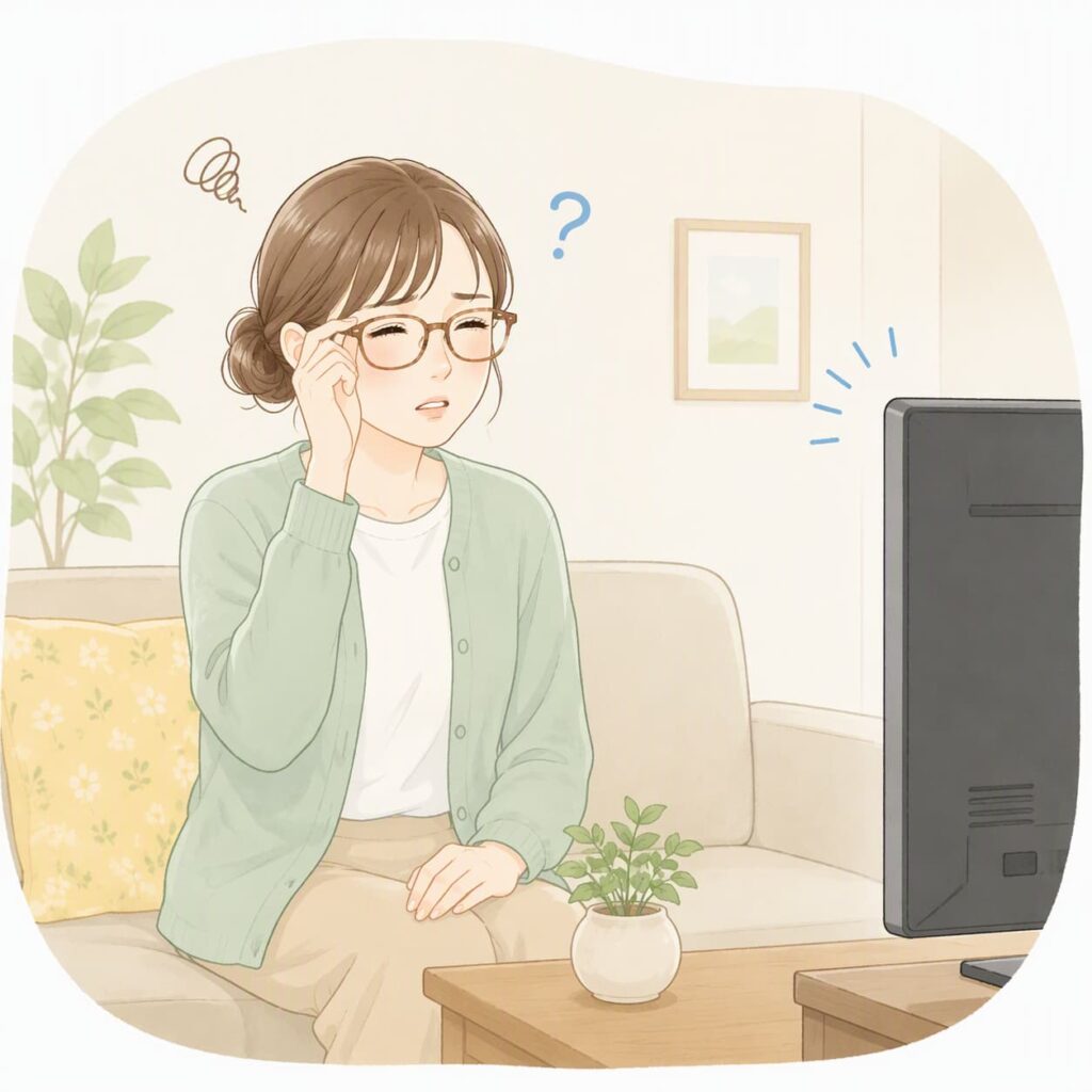 メガネの度数が合わず見えにくそうにしている人。