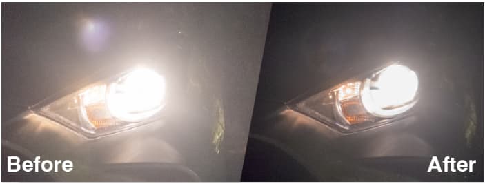 ナイトグラスLED越しに見たヘッドライトのビフォーアフター。