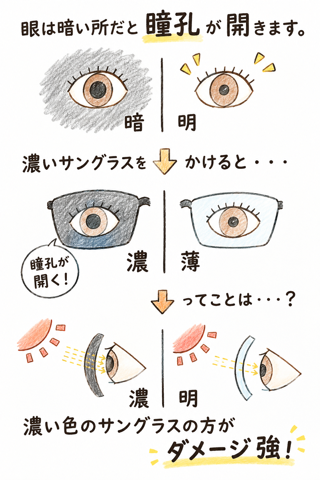 暗い場所では瞳孔が開き、濃いサングラスをかけるとさらに瞳孔が開くため、紫外線カットがないとダメージが強くなる仕組みの解説イラスト