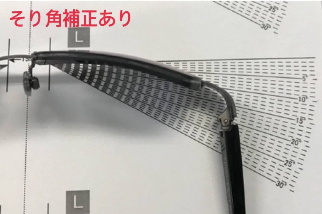 計測チャートの上に置かれた、そり角補正が入ったカーブフレーム専用レンズを装着したサングラスを真上から見た写真。