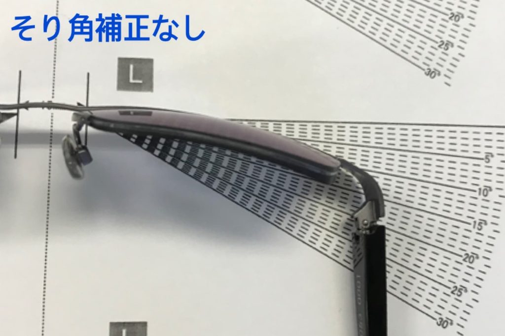 計測チャートの上に置かれた、そり角補正なしの球面レンズを装着したサングラスを真上から見た写真。